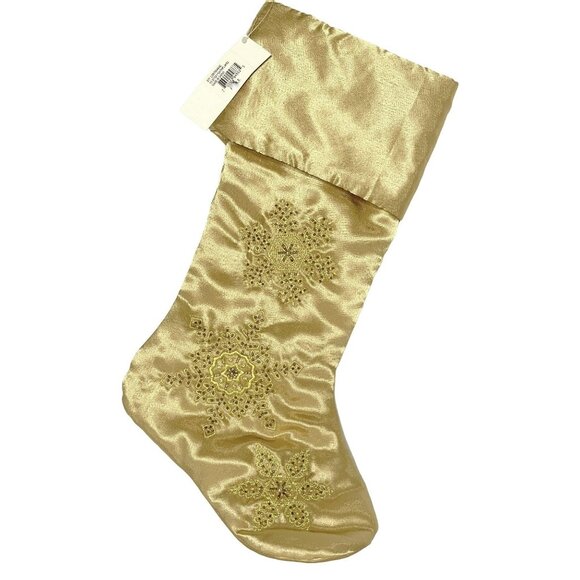 Christmas Holiday Stocking Gold Beaded Satin 2 Lot Snowflakes Elegant Lined NEW - Picture 1 of 5
